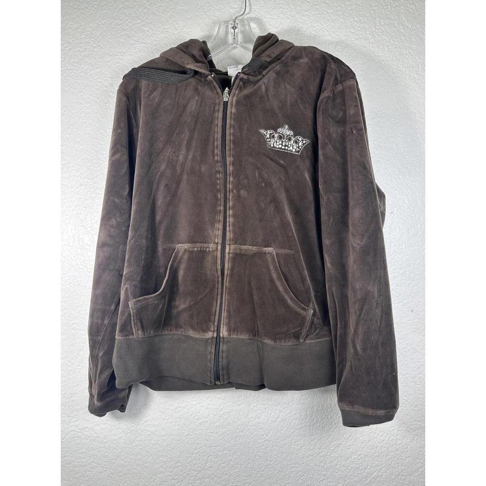 Y2K Brown Velour Hoodie Zip Up Rhinestone Crown Disneyland Resort XL